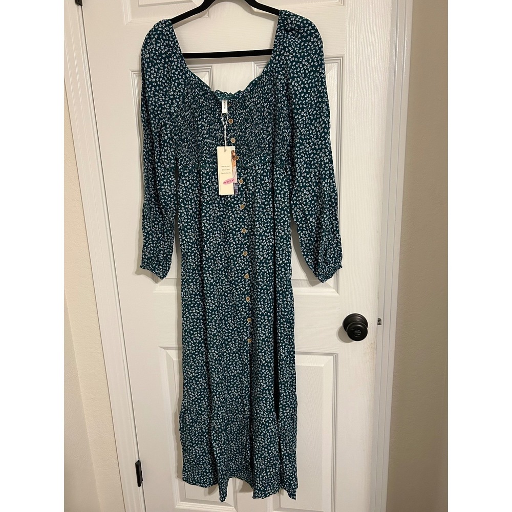 Dokotoo Floral Smocked Maxi Dress Teal Green Ditsy‎ Print Long Sleeve Boho NEW